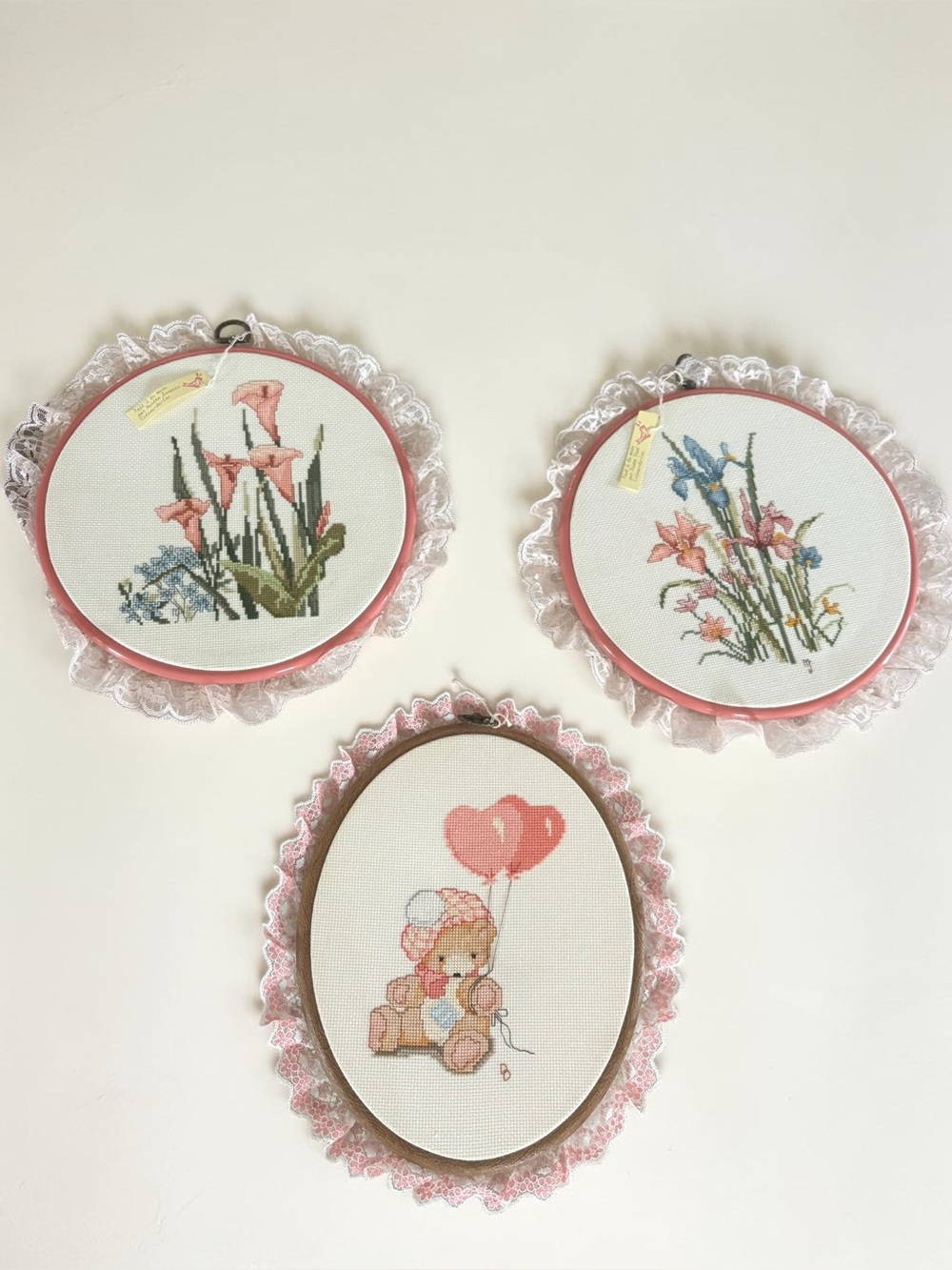 Vintage Handmade Cross Stitch Wall Art Set 3 Floral Teddy Lace Hoops